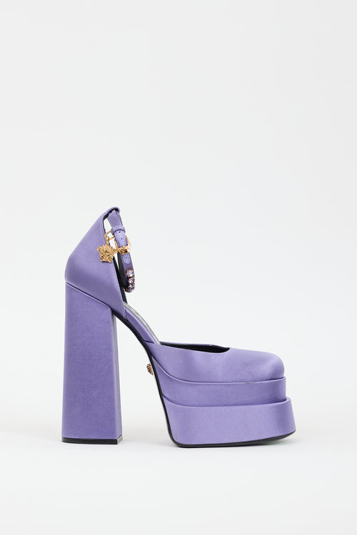 Versace Purple Satin Embellished Medusa Aevitas Platform Heel