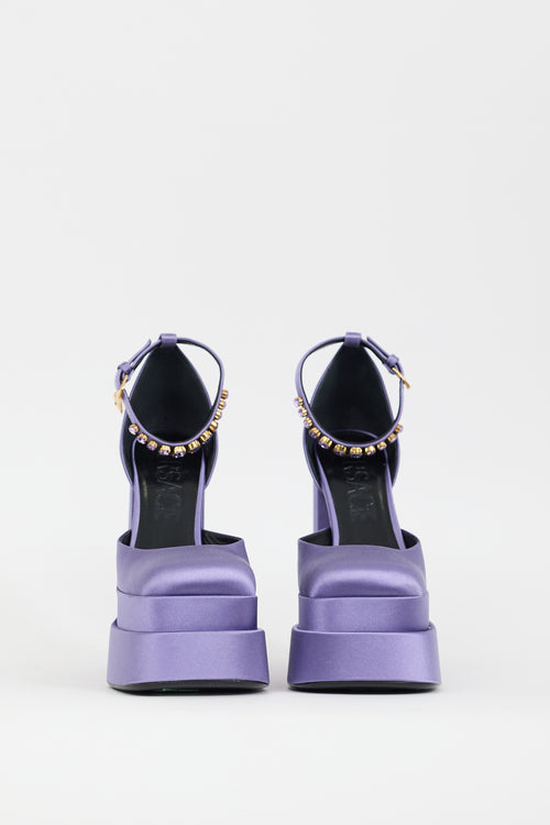 Versace Purple Satin Embellished Medusa Aevitas Platform Heel