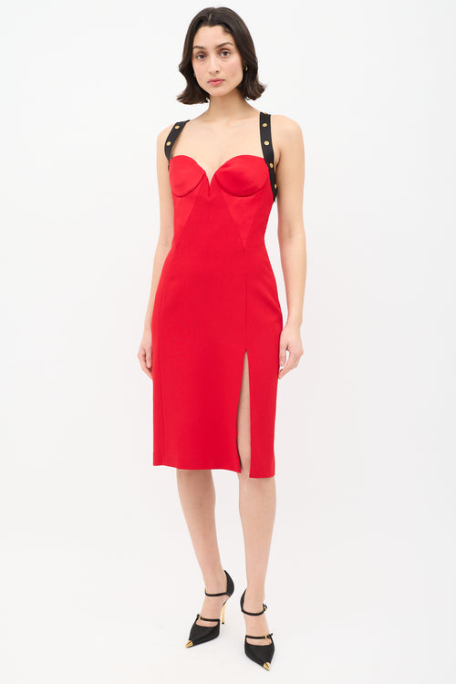 Versace Red Embellished Cross Strap Midi Dress