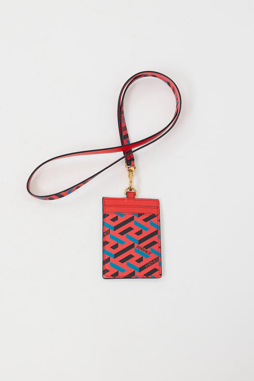 Versace Red & Multi Coated Canvas La Greca Lanyard