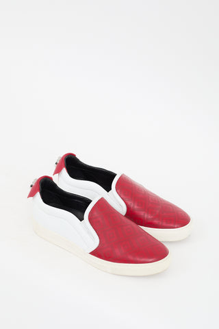 Versace Red & White Leather Perforated Slip On Sneaker