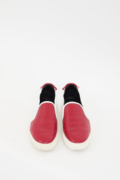 Versace Red & White Leather Perforated Slip On Sneaker