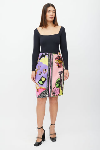 Versace Vintage Yellow & Multicolour Printed Midi Skirt