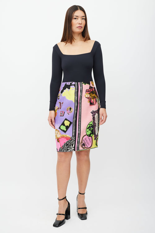 Versace Vintage Yellow & Multicolour Printed Midi Skirt