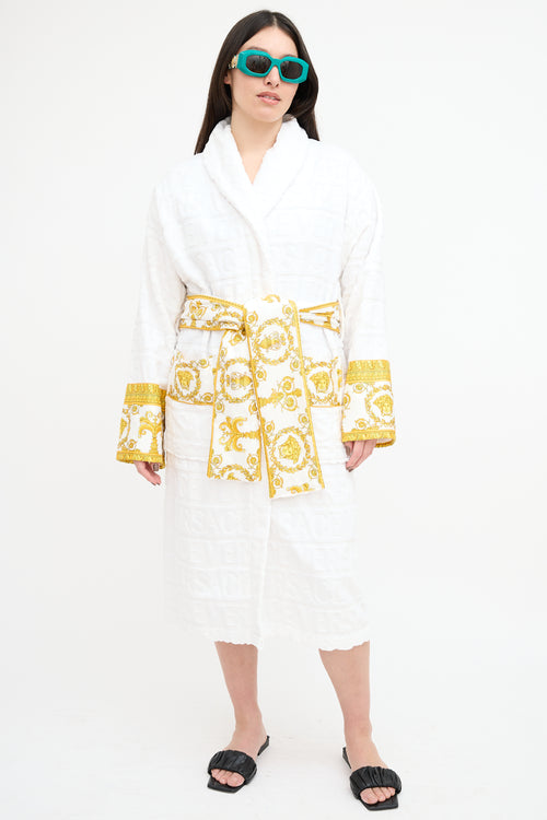 Versace White & Gold Terry Baroque Logo Robe