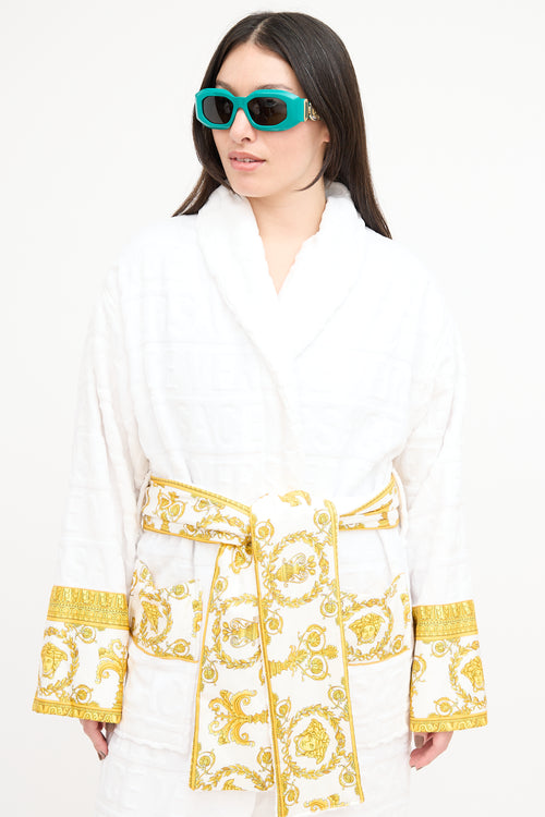 Versace White & Gold Terry Baroque Logo Robe