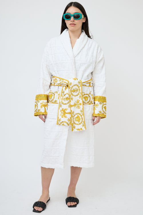 Versace White & Gold Terry Baroque Logo Robe