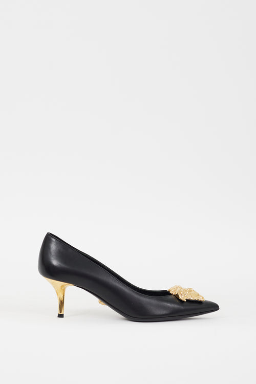 Versace Black & Gold Leather Medusa Palazzo Pump