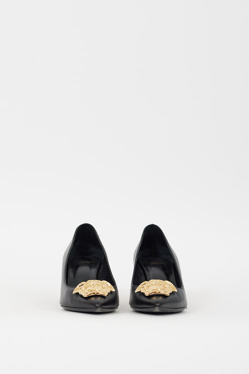 Versace Black & Gold Leather Medusa Palazzo Pump