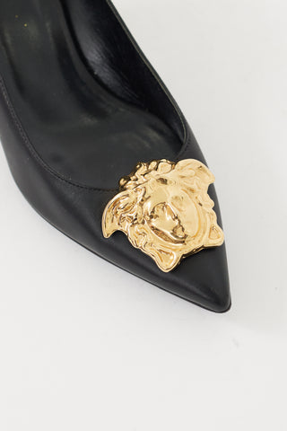 Versace Black & Gold Leather Medusa Palazzo Pump