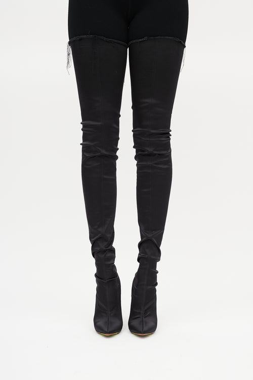 Vetements Black Satin Deconstructed Thigh High Boot