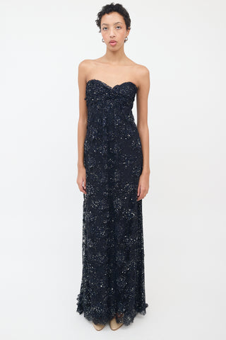 Vicky Tiel Navy Silk Lace & Glitter Strapless Gown