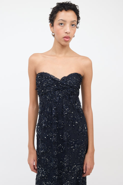 Vicky Tiel Navy Silk Lace & Glitter Strapless Gown