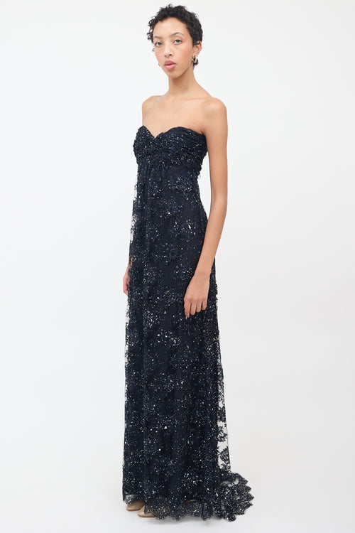 Vicky Tiel Navy Silk Lace & Glitter Strapless Gown