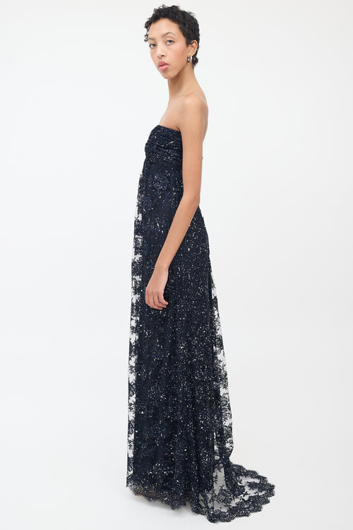 Vicky Tiel Navy Silk Lace & Glitter Strapless Gown