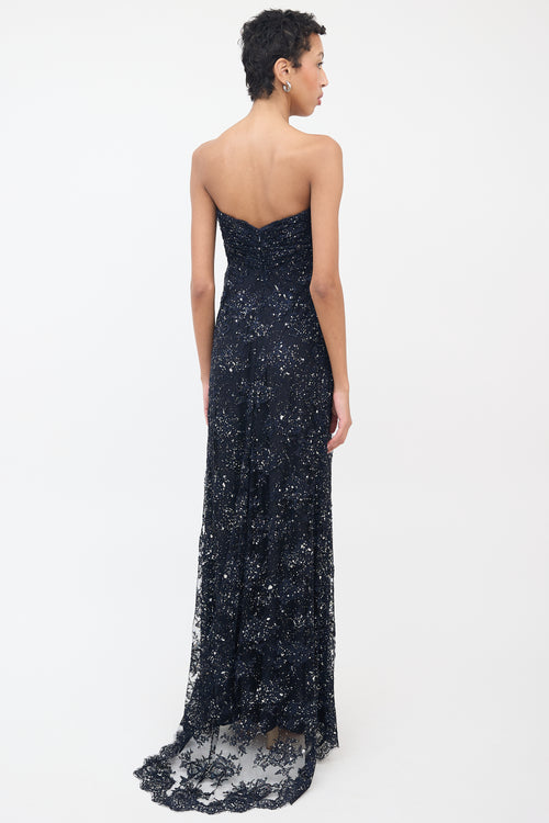 Vicky Tiel Navy Silk Lace & Glitter Strapless Gown