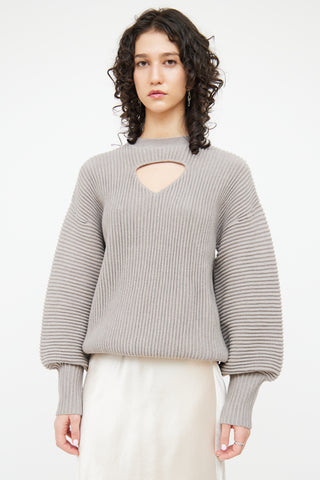 Victoria Beckham VVB Grey Wool Ribbed Keyhole Sweater