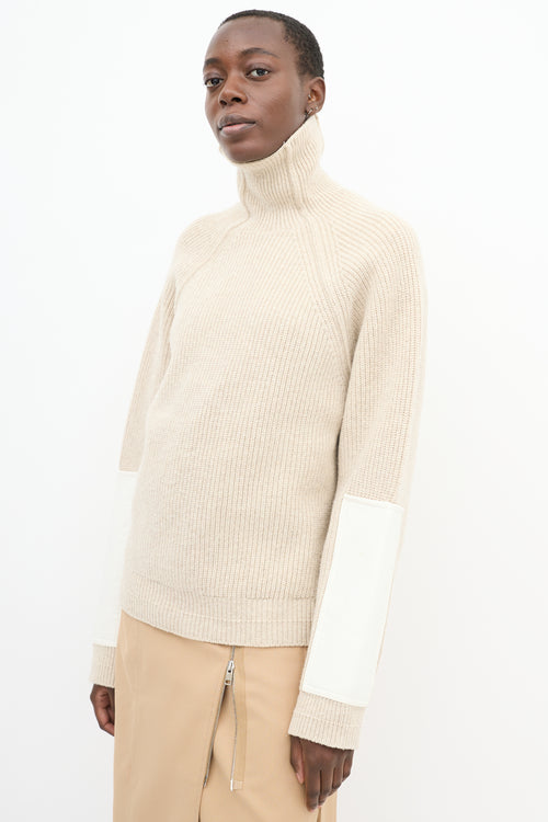 Victoria Beckham Beige Wool Sleeve Panel Turtleneck Sweater