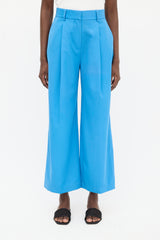 Victoria Beckham Blue Wool Pleated Wide Leg Trouser