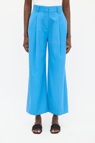 Victoria Beckham Blue Wool Pleated Wide Leg Trouser