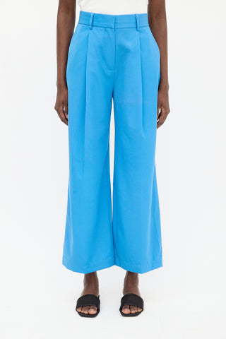 Victoria Beckham Blue Wool Pleated Wide Leg Trouser