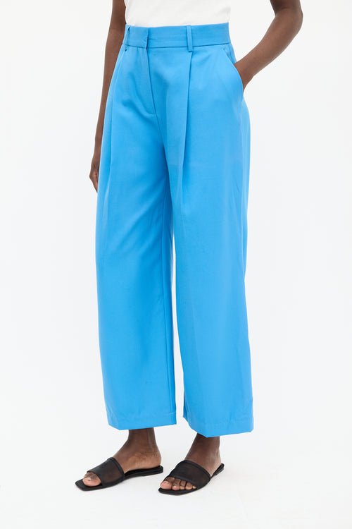 Victoria Beckham Blue Wool Pleated Wide Leg Trouser