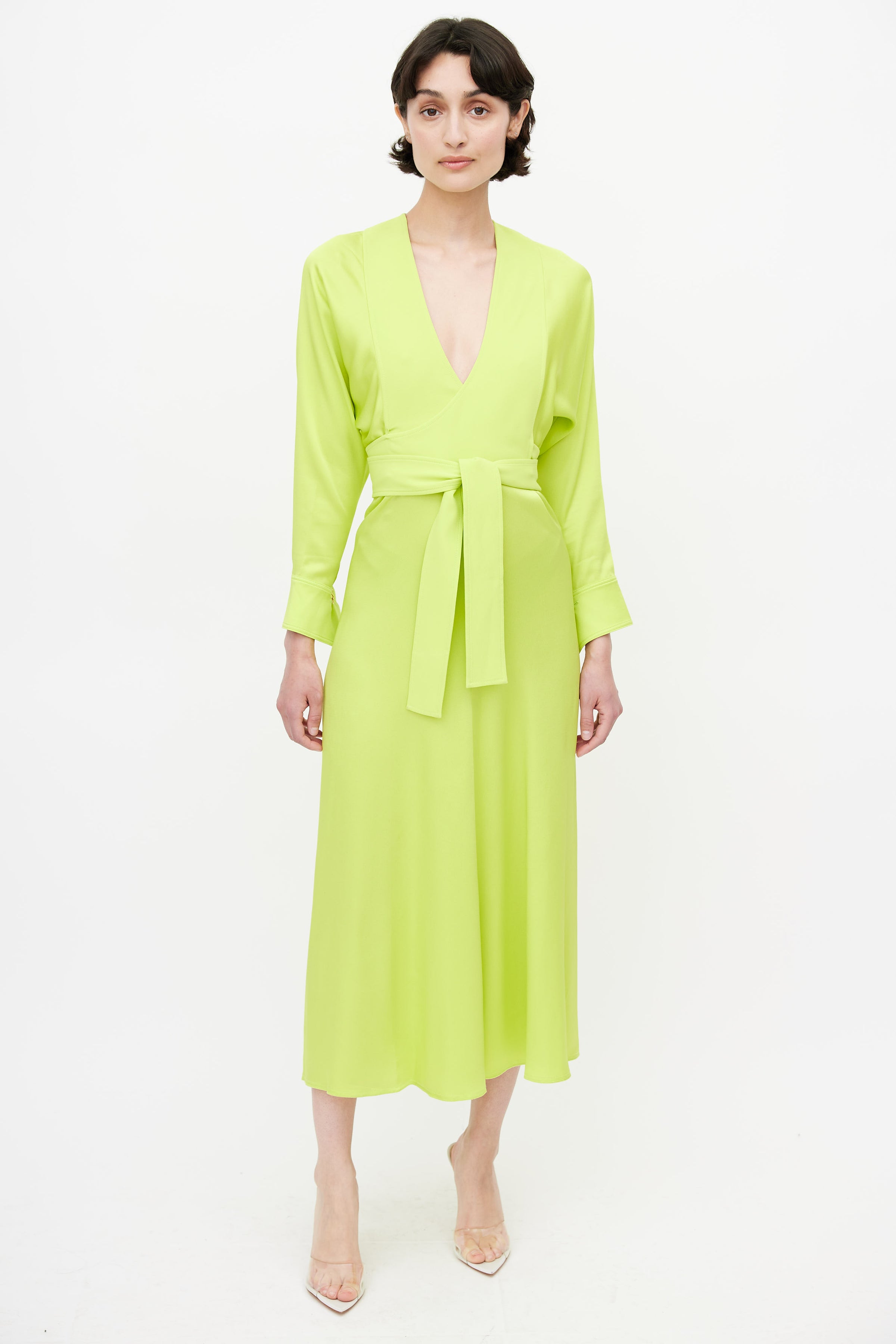 victoria beckham green dress Victoria Beckham // Green Belted Wrap Dress – VSP Consignment