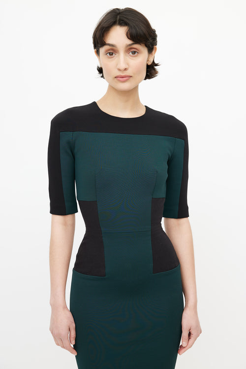 Victoria Beckham Green & Black Colourblock Sheath Dress