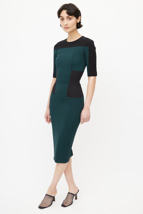 Victoria Beckham Green & Black Colourblock Sheath Dress