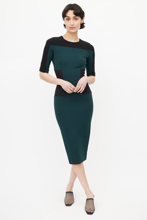 Victoria Beckham Green & Black Colourblock Sheath Dress