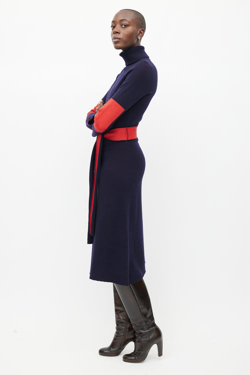 Victoria Beckham Navy & Red Wool Belted Dress