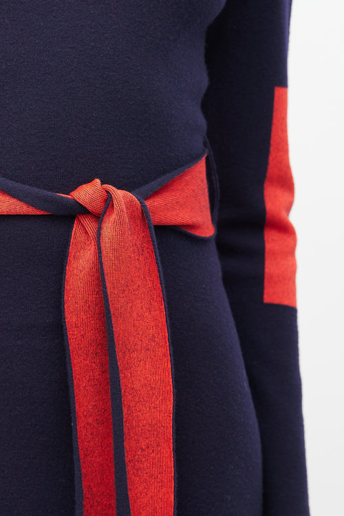 Victoria Beckham Navy & Red Wool Belted Dress