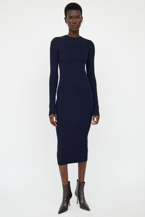 Victoria Beckham Navy Wool Blend Ribbed Knit Maxi Dress