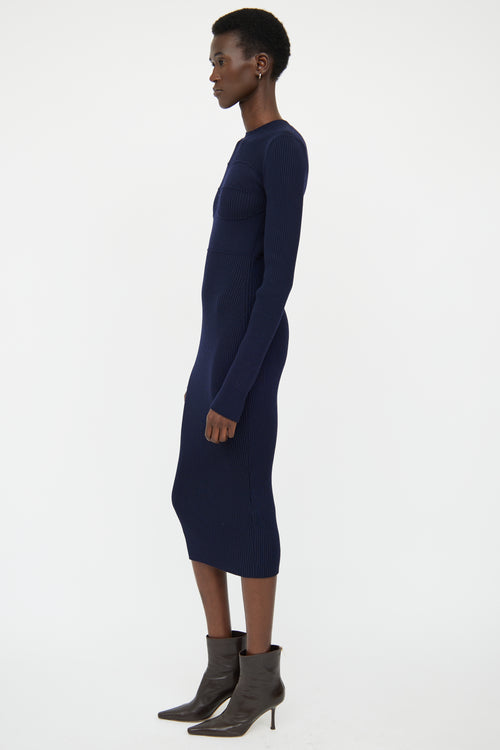 Victoria Beckham Navy Wool Blend Ribbed Knit Maxi Dress