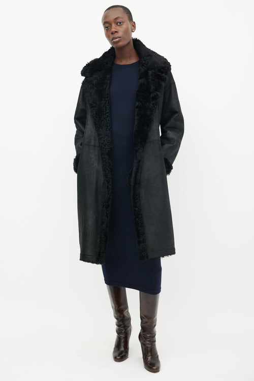 Vince Black Leather & Shearling Lined Mid Length Coat