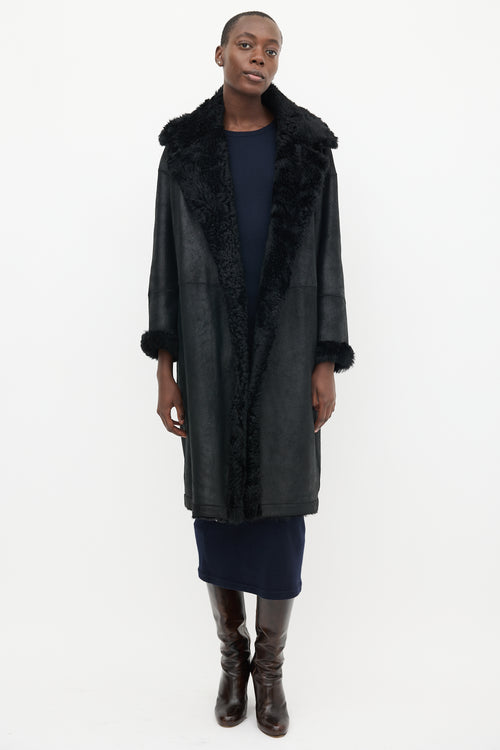 Vince Black Leather & Shearling Lined Mid Length Coat