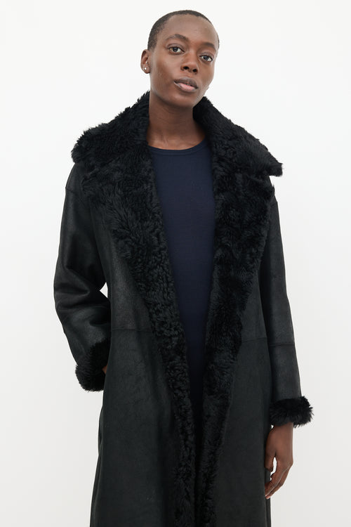 Vince Black Leather & Shearling Lined Mid Length Coat