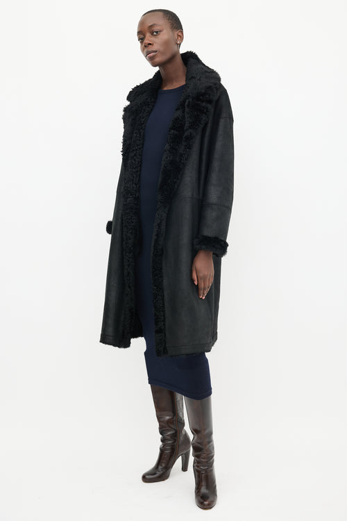 Vince Black Leather & Shearling Lined Mid Length Coat