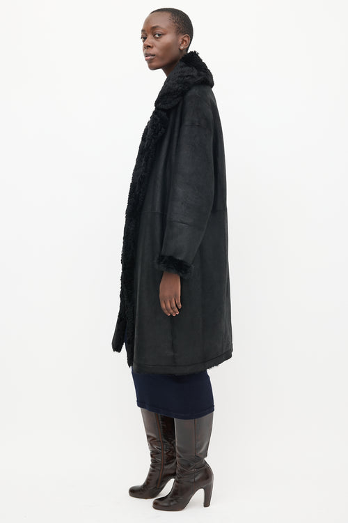 Vince Black Leather & Shearling Lined Mid Length Coat