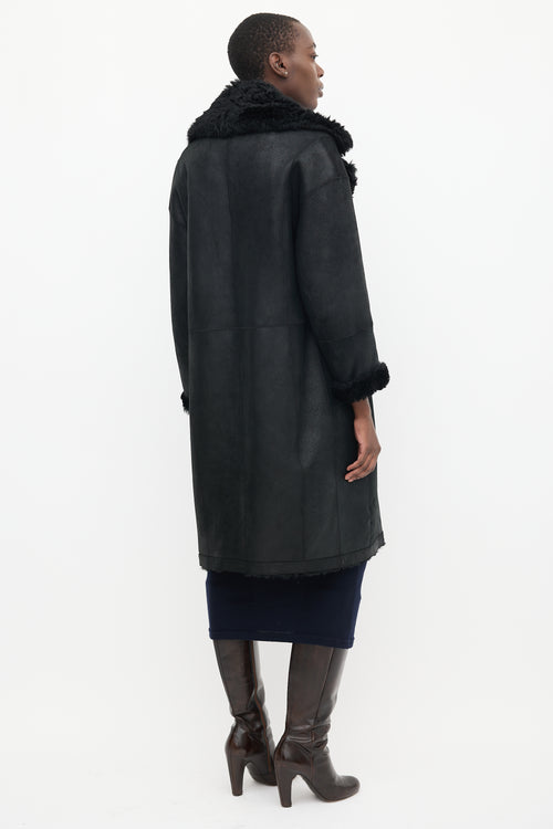 Vince Black Leather & Shearling Lined Mid Length Coat