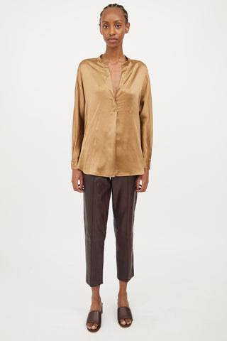 Vince Bronze Silk Half Button Blouse