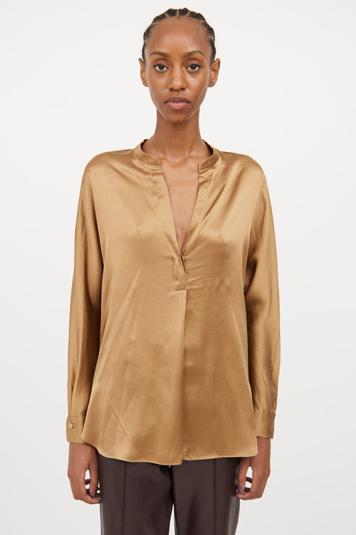 Vince Bronze Silk Half Button Blouse