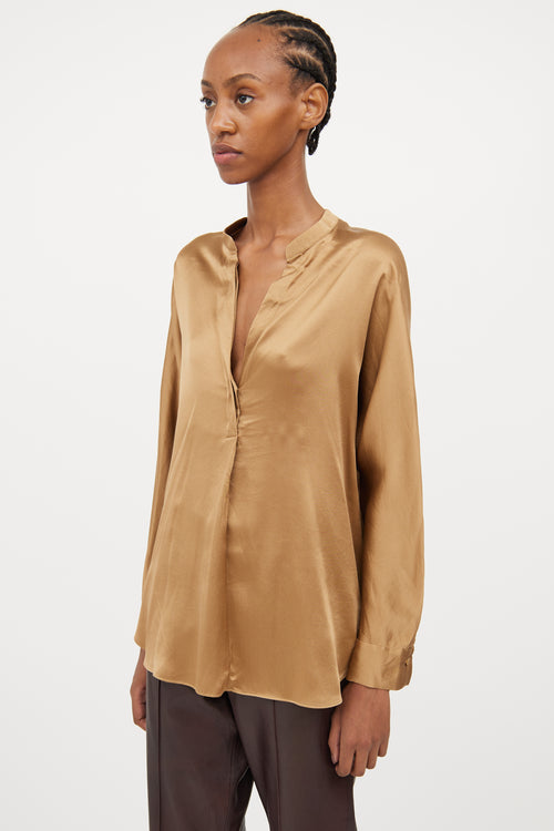 Vince Bronze Silk Half Button Blouse