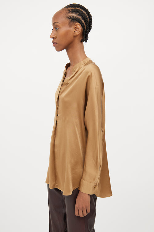 Vince Bronze Silk Half Button Blouse