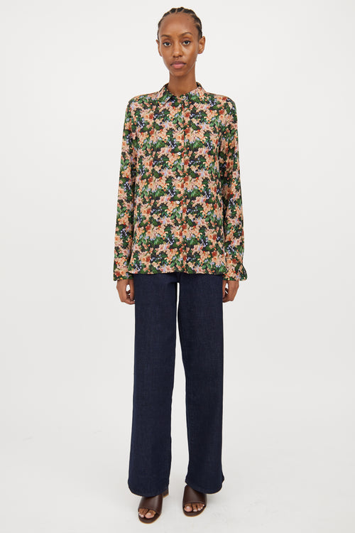 Vince Black & Multi Floral Silk Blend Blouse