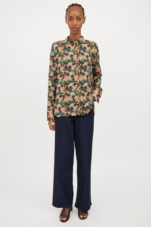 Vince Black & Multi Floral Silk Blend Blouse