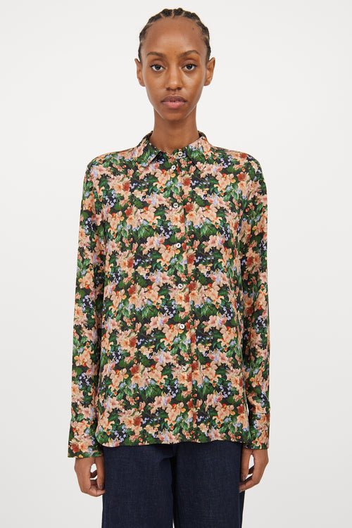 Vince Black & Multi Floral Silk Blend Blouse