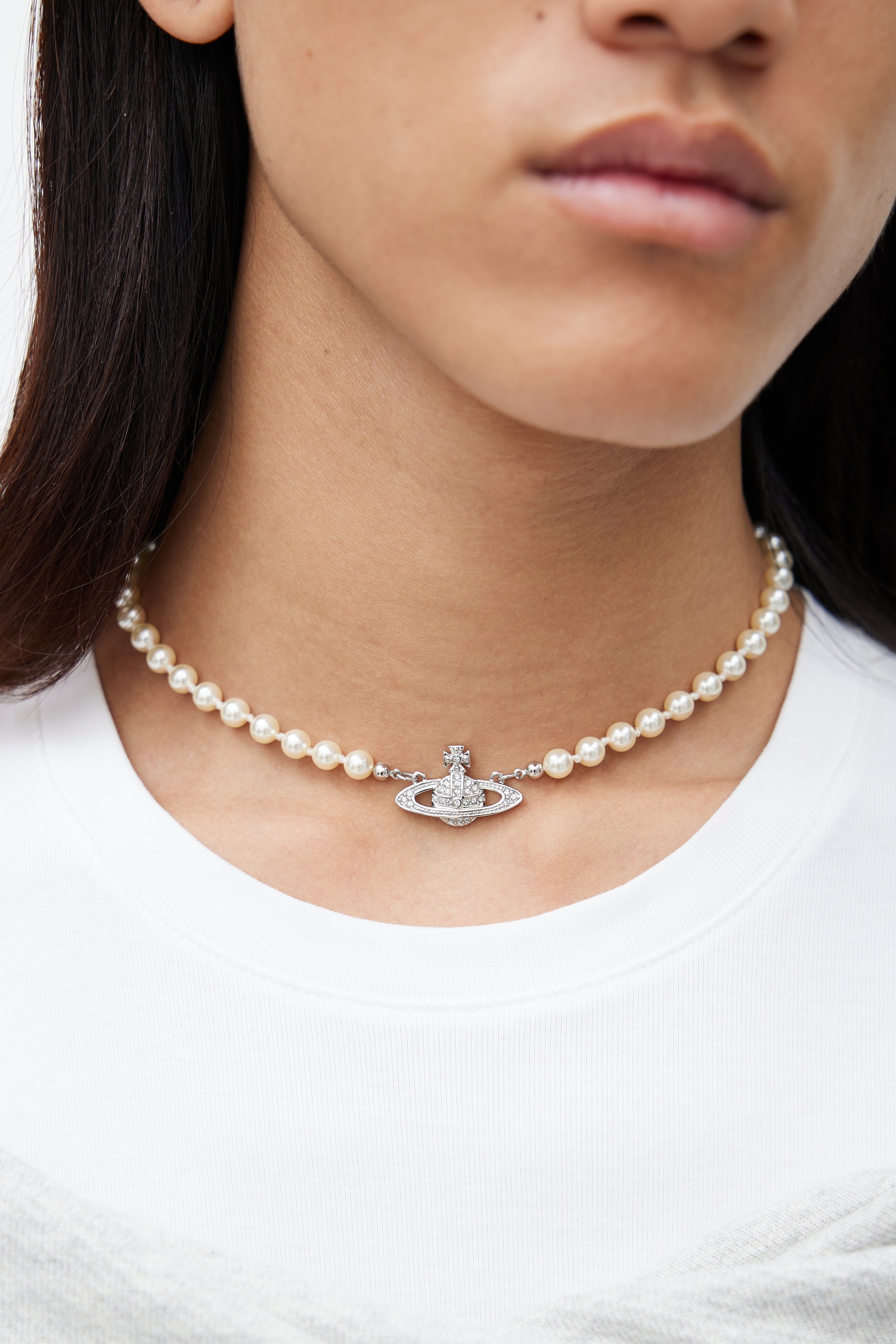 Vivienne Westwood // Cream Silver Pearl Crystal Orb Necklace