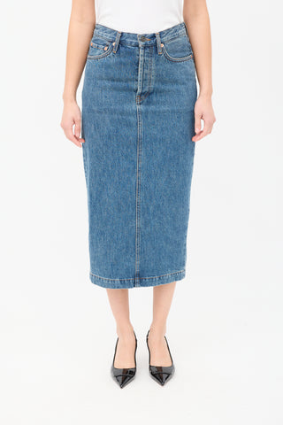 WARDROBE.NYC Medium Wash Denim Midi Pencil Skirt