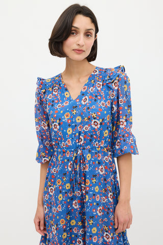 Warm Blue & Multicolour Floral Ruffled Midi Dress